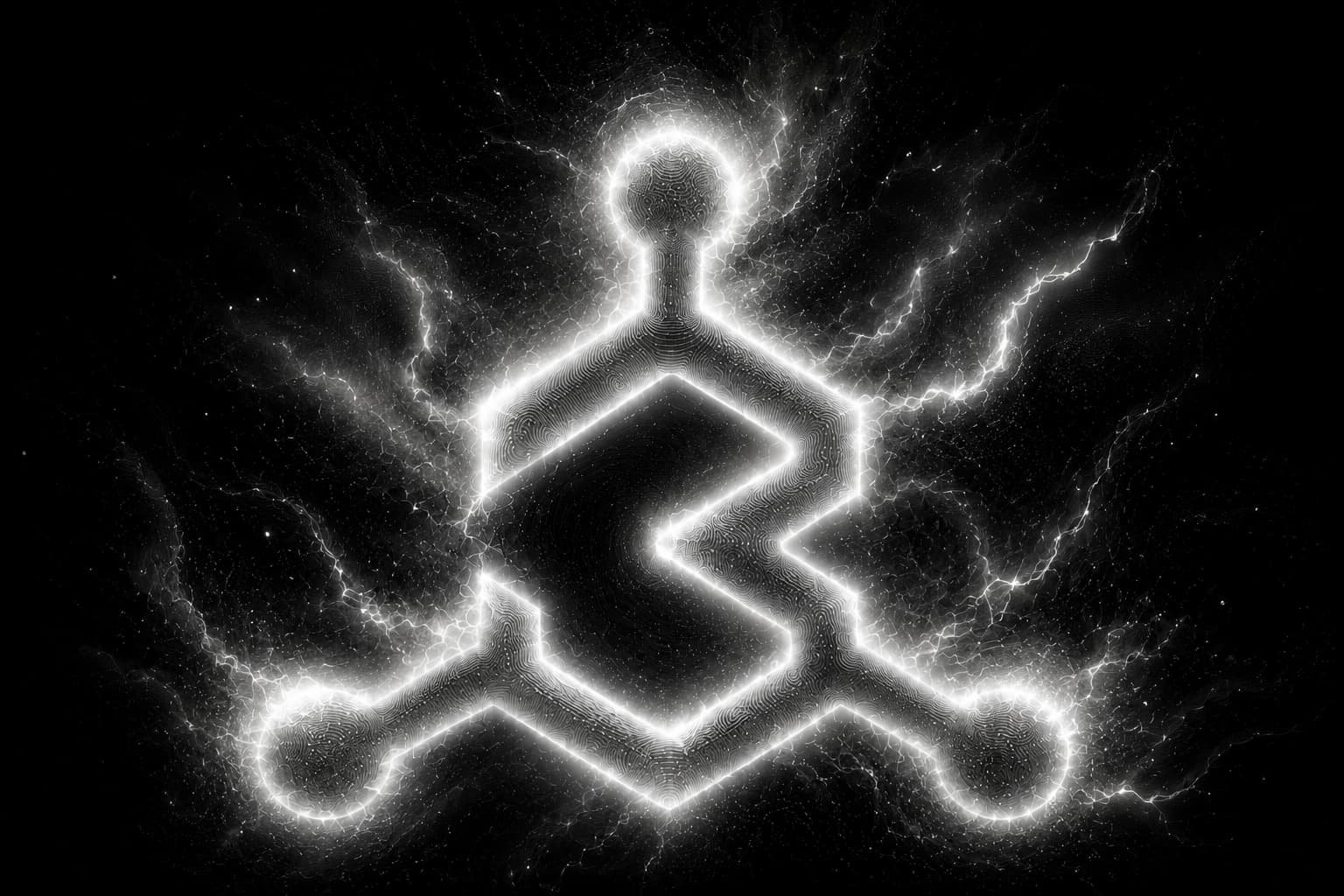 Figura humana en postura de meditación formada por líneas de nodos, representando el cambio organizacional