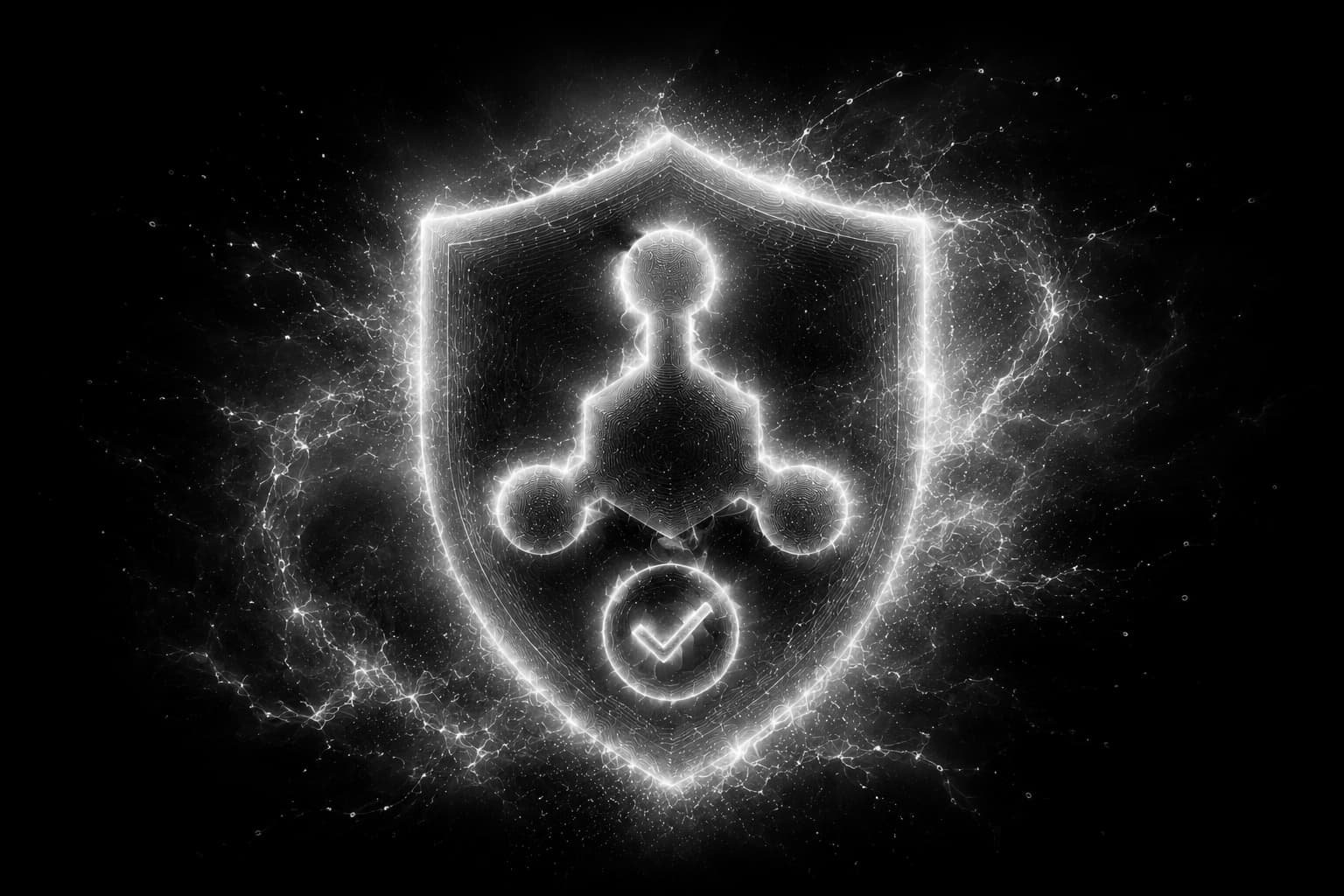 Escudo con una marca de verificación sobre una red de nodos, representando una automatización lista para producción